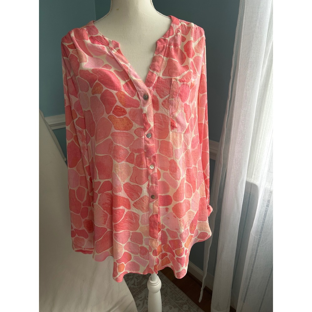 Zac & Rachel Woman Pink Orange Pebble Print Roll Tab Button Down Blouse 1X